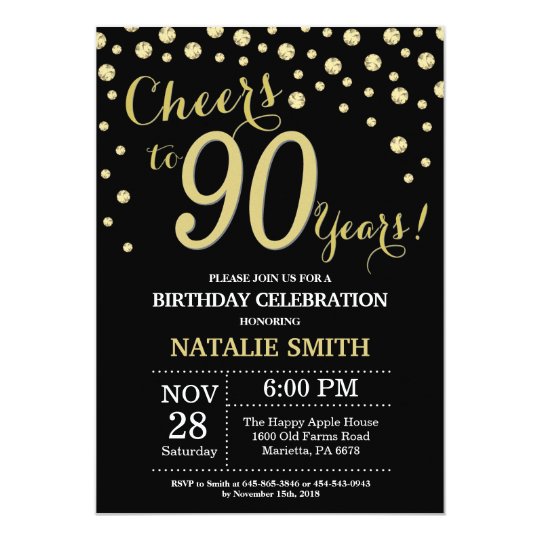black and gold 90th birthday diamond invitation zazzle com