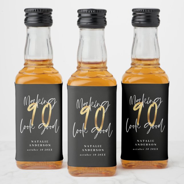 Black and gold 90th birthday party favor  liquor bottle label (Bottles)