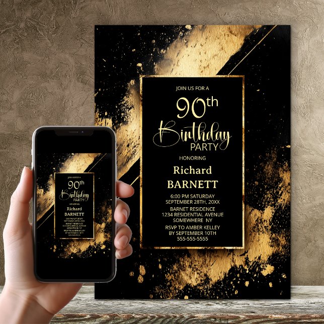 Black and Gold 90th Birthday Party Invitation (Creator Uploaded)
