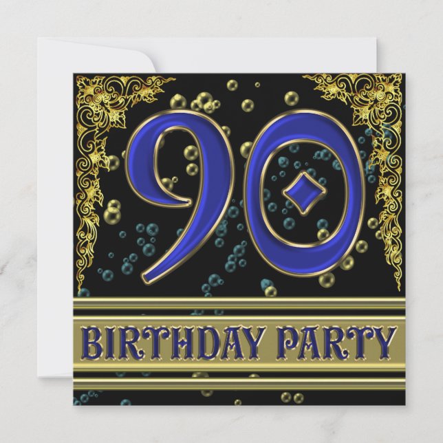 Black and Gold 90th Birthday party Invitation (Front)
