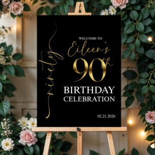 Black and Gold 90th Birthday Welcome Sign - Birthd