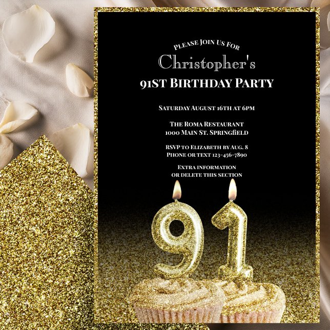 Black and Gold 91st Birthday Invitation For Him (Creator Uploaded)
