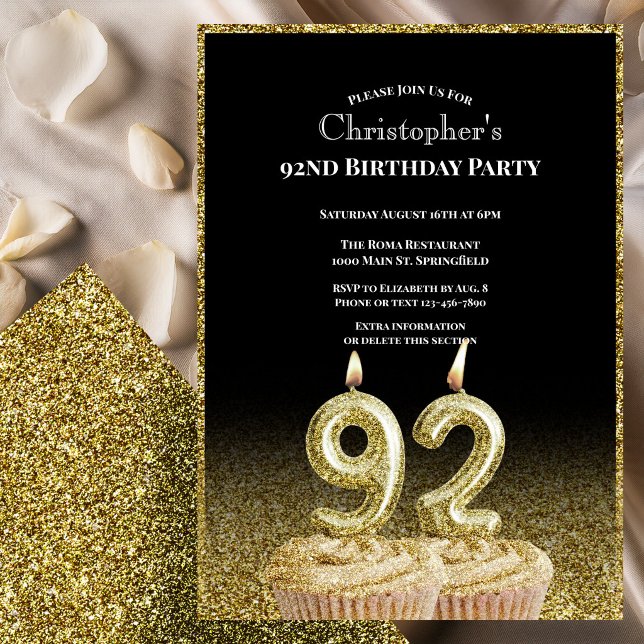 Black and Gold 92nd Birthday Invitation For Him (Creator Uploaded)