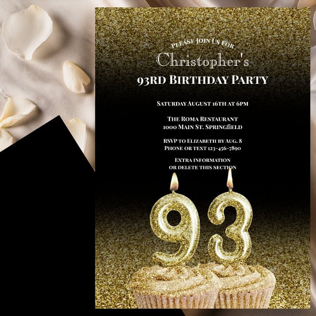 Black and Gold 93rd Birthday Invitation For Him (Creator Uploaded)