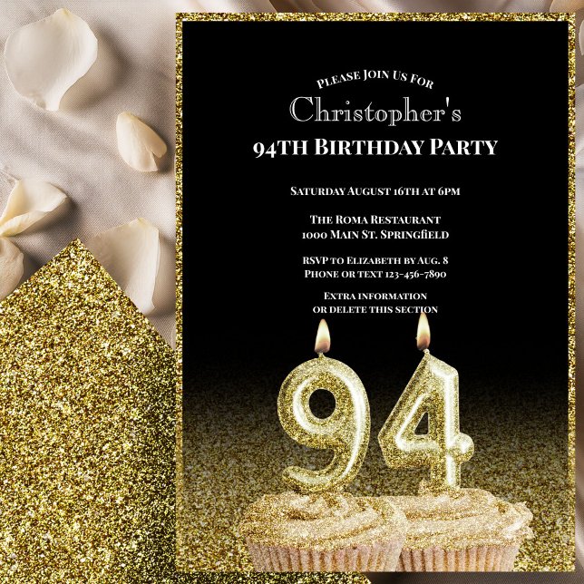 Black and Gold 94th Birthday Invitation For Him (Creator Uploaded)