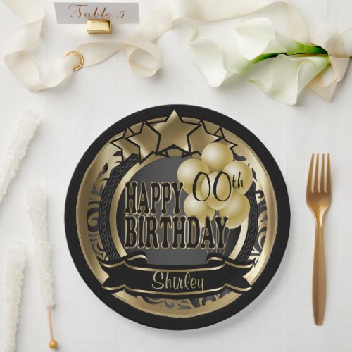 Black and Gold Abstract 00th Birthday Star Paper Plates