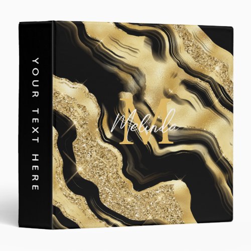 Black and Gold Abstract Agate 3 Ring Binder