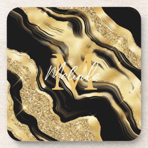 Black and Gold Abstract Agate Beverage Coaster