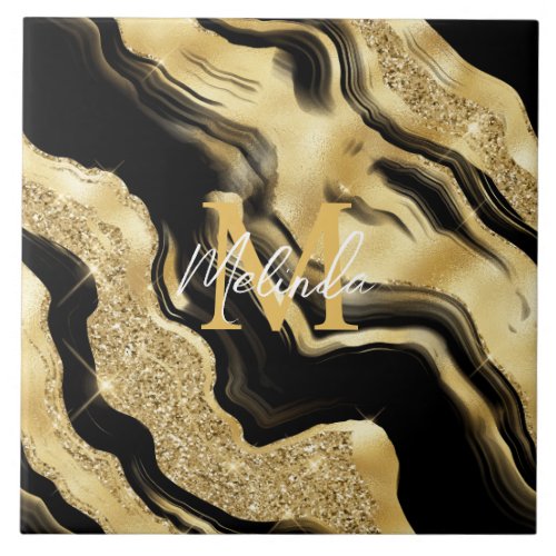 Black and Gold Abstract Agate Ceramic Tile