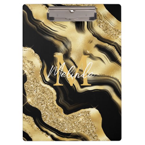 Black and Gold Abstract Agate Clipboard