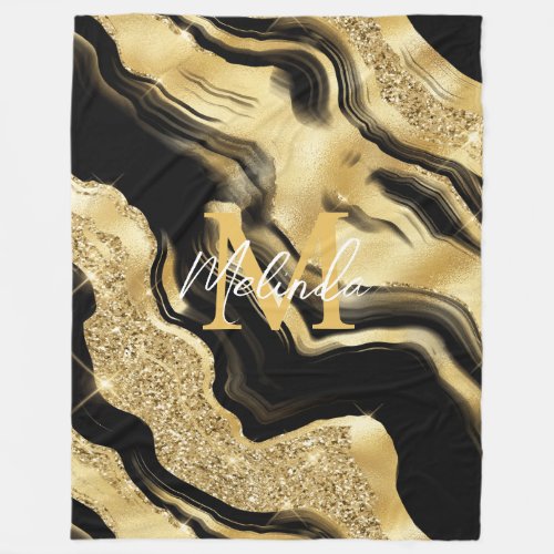 Black and Gold Abstract Agate Fleece Blanket
