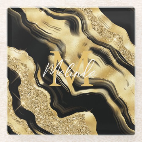 Black and Gold Abstract Agate Glass Coaster