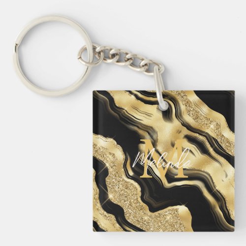 Black and Gold Abstract Agate Keychain