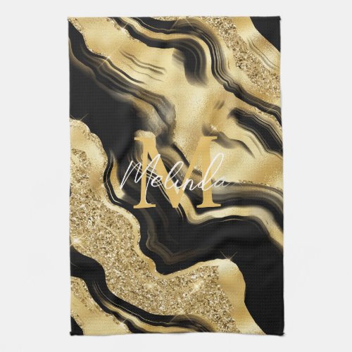 Black and Gold Abstract Agate Kitchen Towel