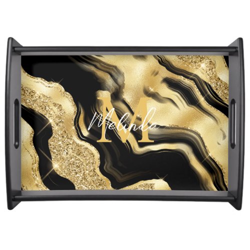 Black and Gold Abstract Agate Serving Tray