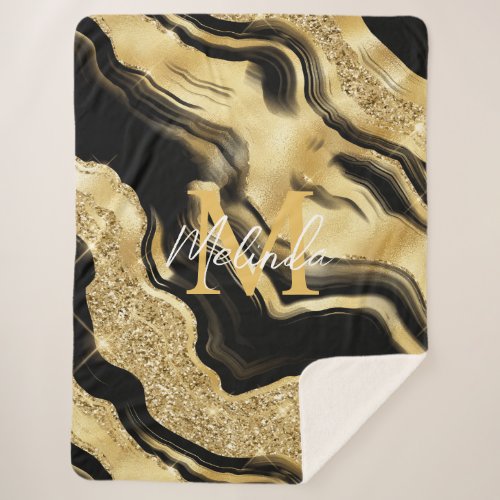 Black and Gold Abstract Agate Sherpa Blanket