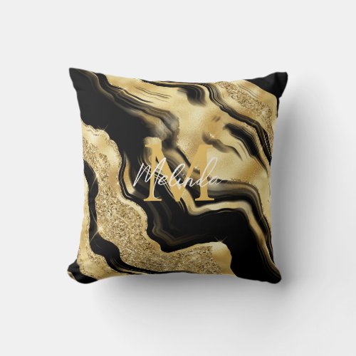 Black and Gold Abstract Agate Throw Pillow