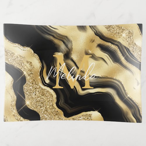 Black and Gold Abstract Agate Trinket Tray