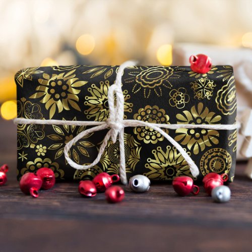 Black And Gold Abstract Christmas Snowflakes 2 Wrapping Paper