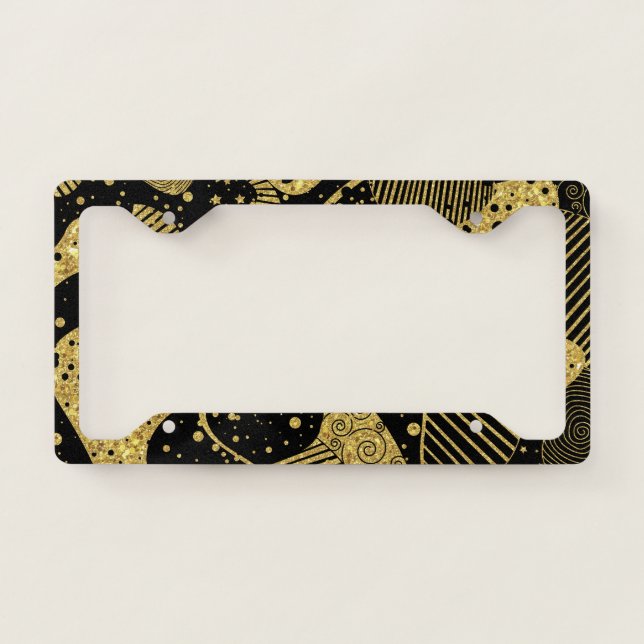 Black and Gold Abstract Geometric Art License Plate Frame (Front)
