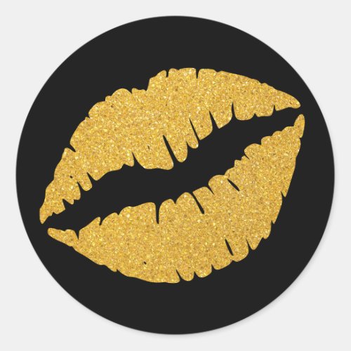 Black and Gold Abstract Glitter Lipstick Classic Round Sticker