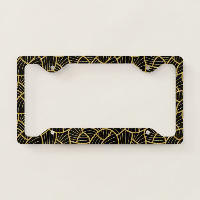Black and gold abstract modern geometric pattern license plate frame (Front)