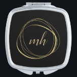 Black and Gold Abstract Monogram Compact Mirror<br><div class="desc">Chic personalized compact mirror features a black background with your initial(s) or monogram in modern calligraphy script,  encircled by an abstract circle element in faux gold foil.</div>