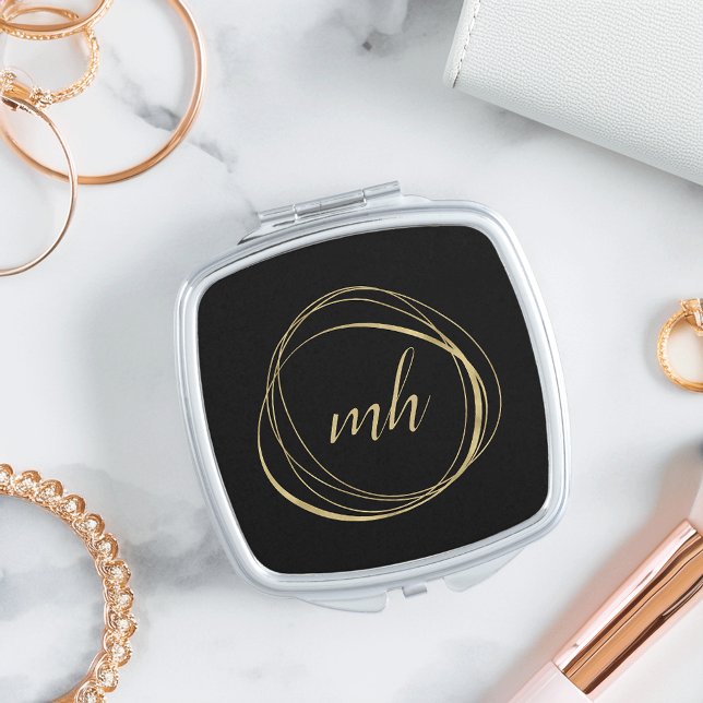 Black and Gold Abstract Monogram Compact Mirror (Creator Uploaded)