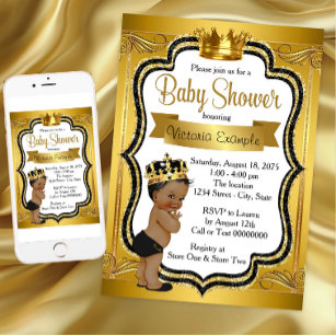 Black and Gold African American Prince Baby Shower Invitation