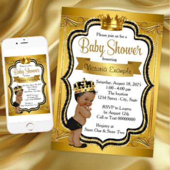Black And Gold African American Prince Baby Shower Invitation by The_Baby_Boutique at Zazzle