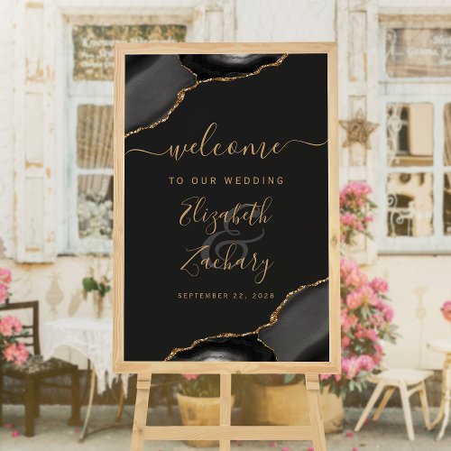 Black and Gold Agate Corners 24x36 Wedding Welcome Poster