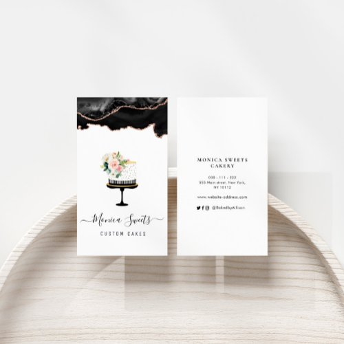black and gold agate custom cakes business card
