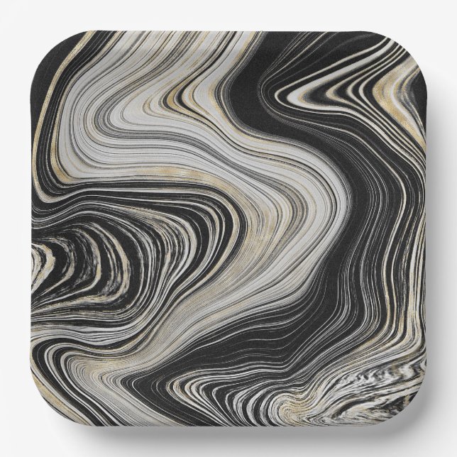 Black and Gold Agate Design Paper Plates (Front)