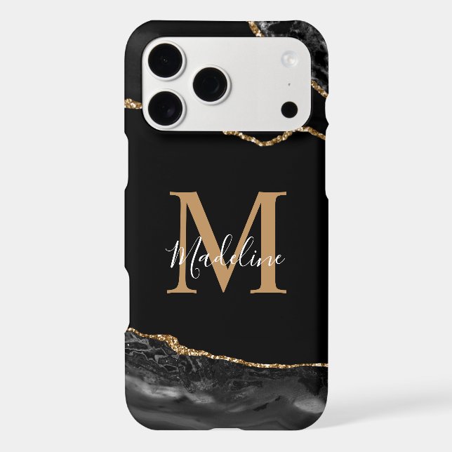 Black and Gold Agate Geode Monogram iPhone Case (Back)