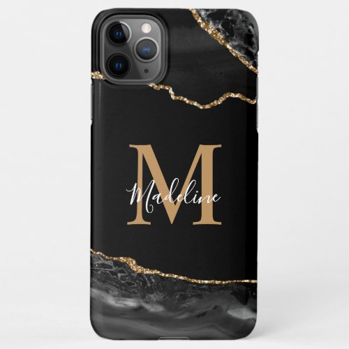 Black and Gold Agate Geode Monogram iPhone 11Pro Max Case