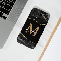 Black and Gold Agate Geode Monogram iPhone iPhone 14 Case