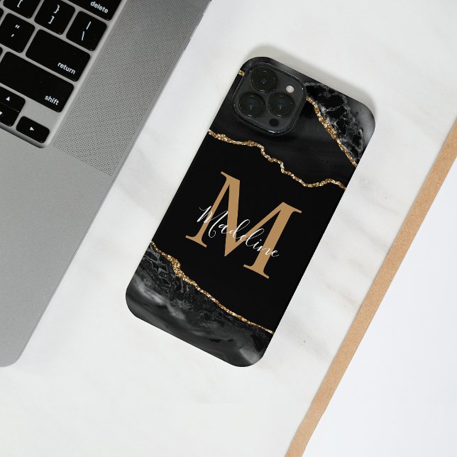 Black and Gold Agate Geode Monogram iPhone iPhone Case (Creator Uploaded)
