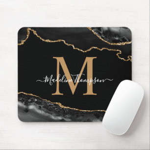 Black and Gold Agate Geode Monogram Mouse Pad