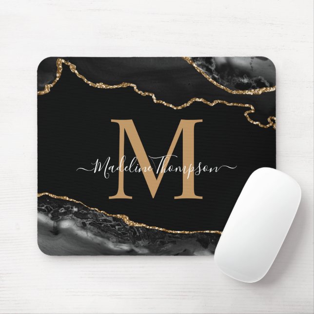Black and Gold Agate Geode Monogram Mouse Pad (With Mouse)
