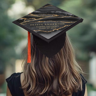 Black and Gold Agate Graduation Cap Topper