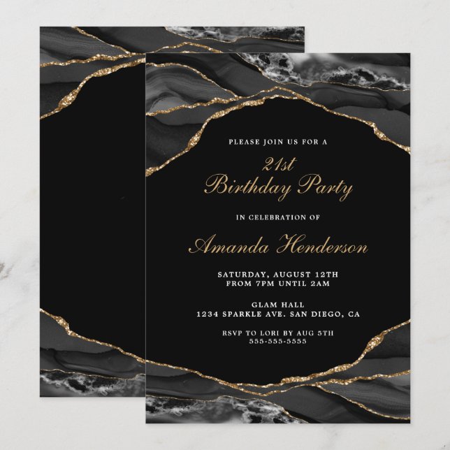 Black and Gold Agate Marble Invitation (Front/Back)