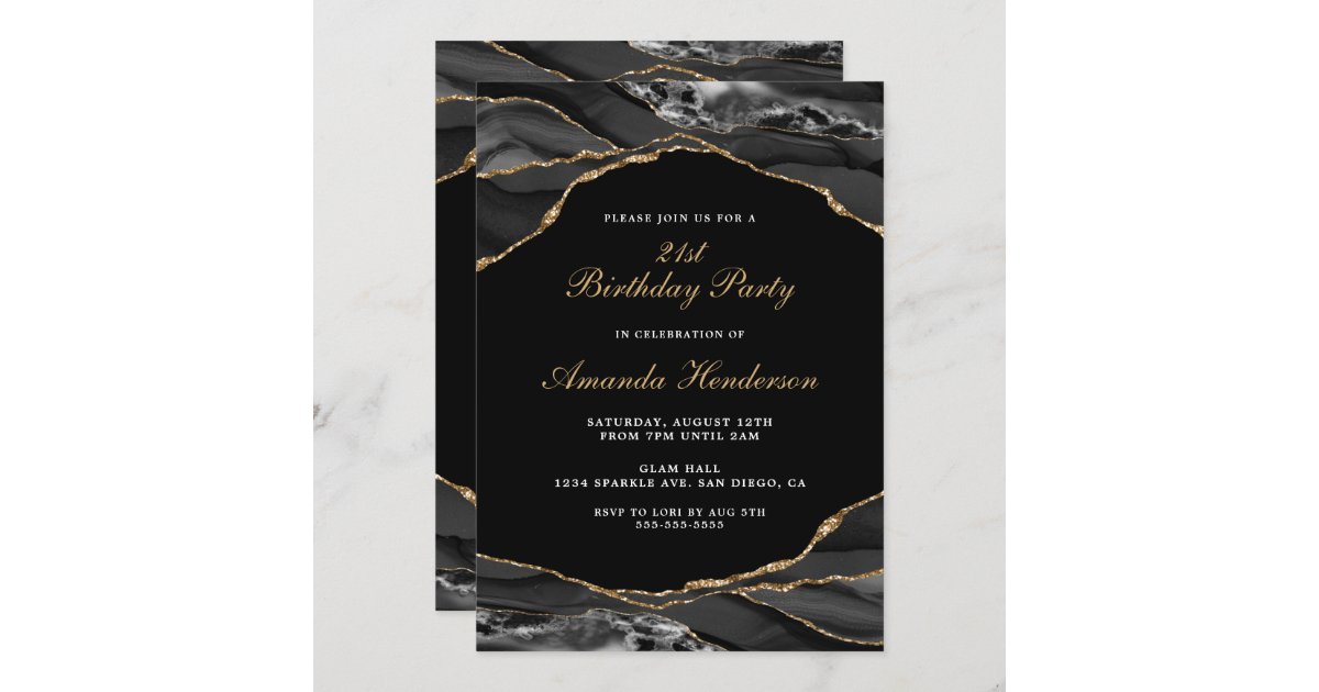 Black and Gold Agate Marble Invitation | Zazzle