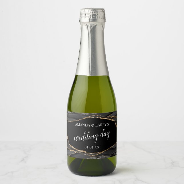Black and Gold Agate Marble Mini Sparkling Wine La Sparkling Wine Label (Front)