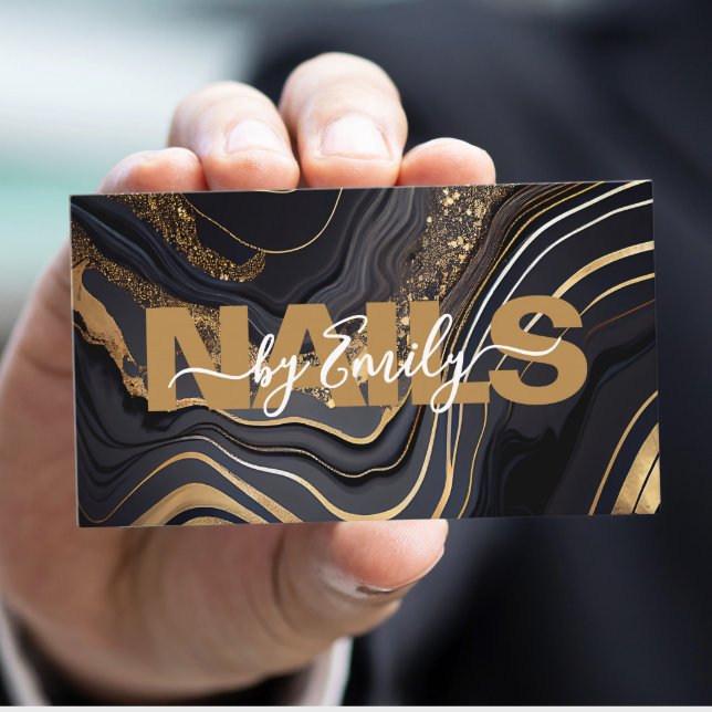 Black and Gold Agate Marble Nail Artist Business Card (Creator Uploaded)