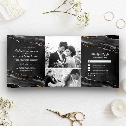 Black and Gold Agate Photo Collage Wedding Tri_Fold Invitation