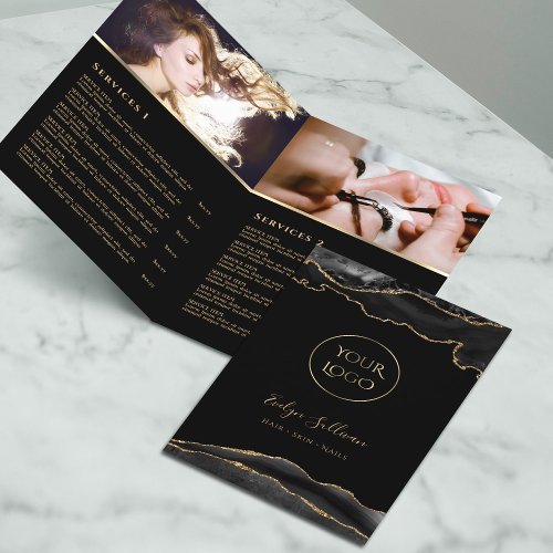 black and gold agate service menu brochure
