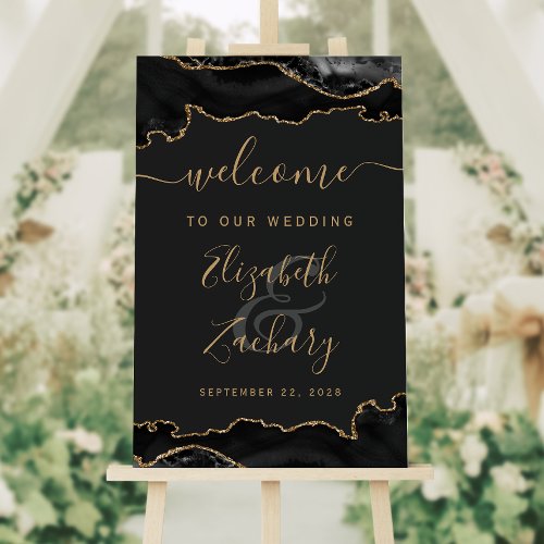 Black and Gold Agate Vertical Wedding Welcome Foam Board