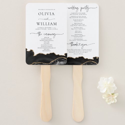 Black and Gold Agate Wedding Program Hand Fan