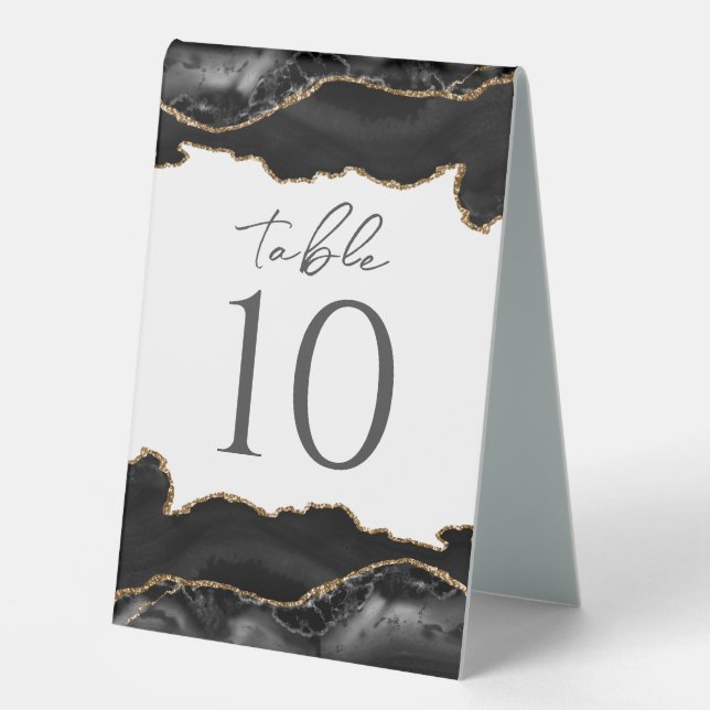 Black and Gold Agate Wedding Table Card Tent (Front)