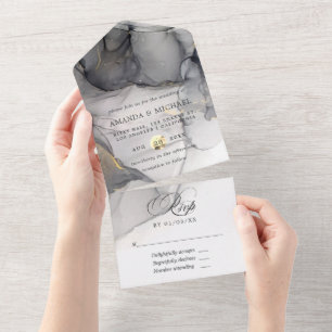 Black and Gold Alcohol Ink Wedding All In One Invitation